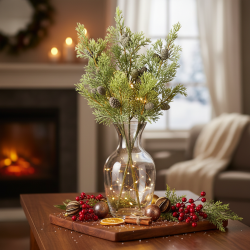 Ramo artificial de conífera com pinhas para decoração de mesa, 39 cm, 4 peças | Floristik24.pt