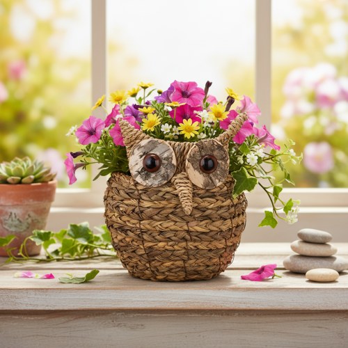 Cesta de coruja trançada à mão para decoração de peitoril de janela, 18 cm | Floristik24.pt