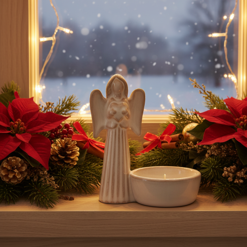 Conjunto de 3 peças com decoração de anjo para tigela, com pequena figura e suporte redondo para vela tealight de 10 cm. | Floristik24.pt