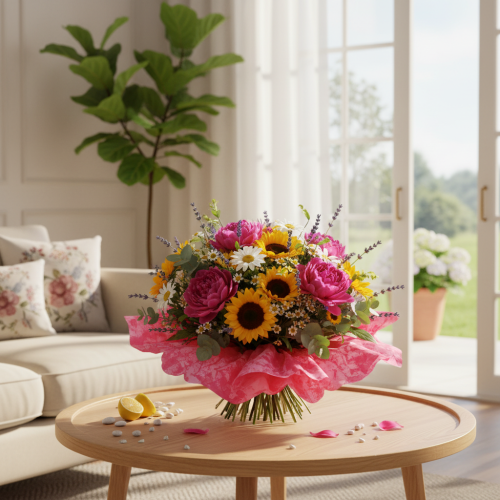 Punho de flores redondo tipo rondella de 38 cm rosa para buquês | Floristik24.pt