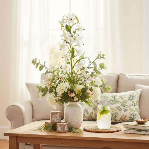 Lírio artificial branco com longo ramo florido, decorativo, 80 cm | Floristik24.pt