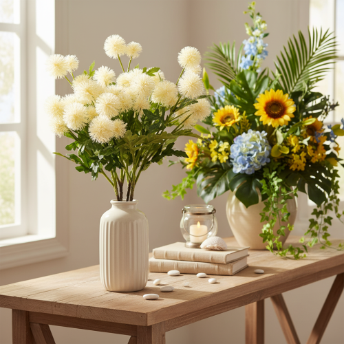 Arranjo de crisântemos artificiais, branco cremoso, galho decorativo, grande 56 cm, 4 peças | Floristik24.pt