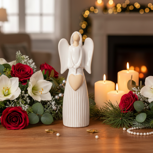 Estatueta de anjo com decoração de coração em branco creme, 23 cm | Floristik24.pt