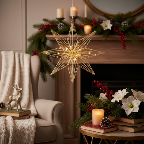 Estrela decorativa de LED feita de arame para pendurar, para uso interno, funciona com bateria, 51 cm | Floristik24.pt