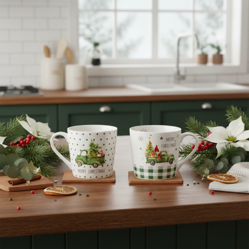Caneca de café Feliz Natal com motivo de carro natalino, caneca de cerâmica de 10 cm, 2 unidades. | Floristik24.pt
