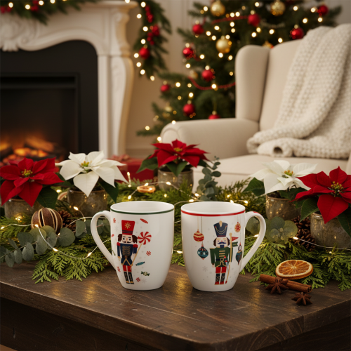 Caneca de Natal com motivo de quebra-nozes e bengala doce, 10 cm, conjunto com 2 peças | Floristik24.pt