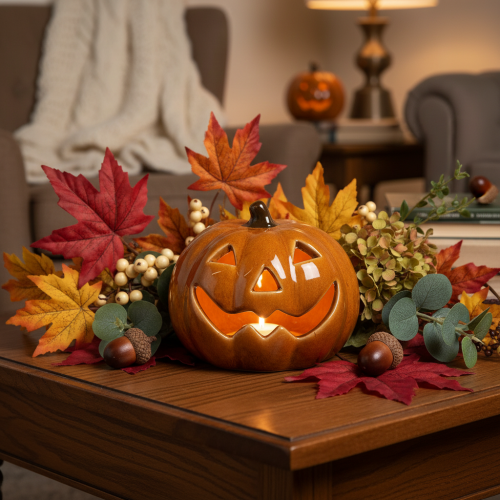 Abóbora de cerâmica com LED para decoração de Halloween (pequena, 10 cm) | Floristik24.pt