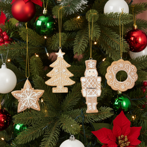 Enfeites de Natal, estilo biscoito de gengibre, com aparência de glacê, quebra-nozes, estrela, árvore, guirlanda, 6 cm, 4 peças | Floristik24.pt