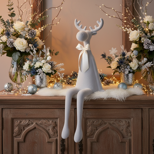 Itens Estatueta decorativa de alce flocada com laço, para pendurar em prateleira, 80 cm