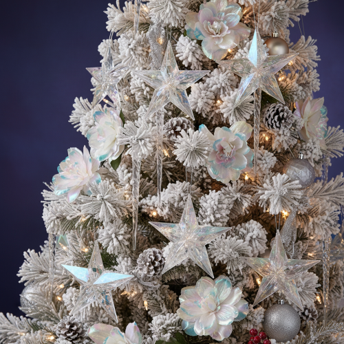 Itens Enfeites decorativos em forma de estrela, acrílico transparente iridescente, para árvore de Natal, 9 cm, 6 peças