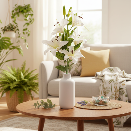 Lírios artificiais, 6 flores brancas, ramo florido realista, 66 cm | Floristik24.pt