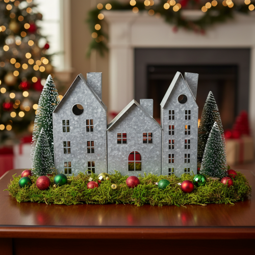 Decoração de Natal para janela, lanterna, diorama de uma fileira de casas, decoração em metal prateado, estilo shabby chic, 20 cm de comprimento x 20 cm de altura. | Floristik24.pt