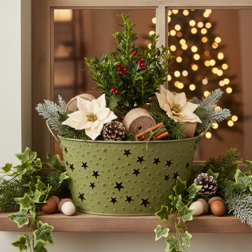 Tigela de metal com estrelas e alças, verde, Ø20cm, A11,5cm | Floristik24.pt