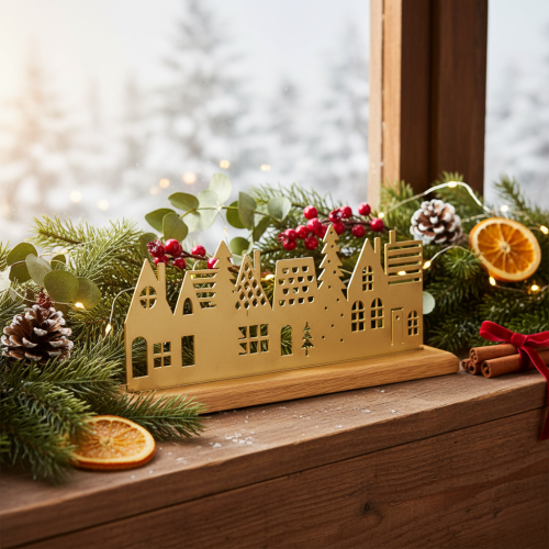 Decoração de Advento com silhueta de casa sobre base de madeira de 29 cm | Floristik24.pt