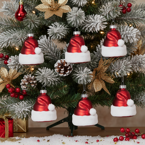 Enfeite de Natal com chapéu de Papai Noel de vidro, 8 cm, 6 peças | Floristik24.pt