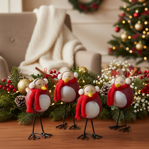 Conjunto de 4 peças com figuras decorativas de pássaros com cachecol, decoração de inverno, 11 cm. | Floristik24.pt