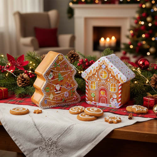 Lata de Natal, lata para biscoitos, árvore de Natal e casinha, estilo biscoito de gengibre, 14 cm, 2 peças | Floristik24.pt