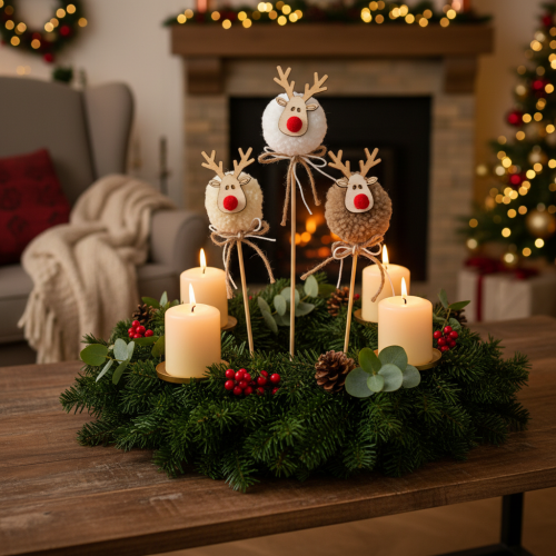 Conjunto de 12 estatuetas decorativas de rena com pompons para o Natal, 24 cm | Floristik24.pt