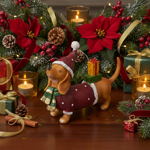 Itens Estatueta decorativa de dachshund com embalagem para presente e chapéu, 18 cm