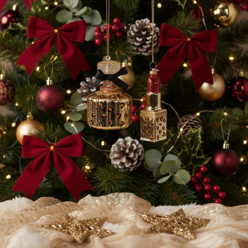 Enfeite de árvore de Natal: frasco de perfume e batom com estampa de leopardo, 11 cm, 2 peças | Floristik24.pt
