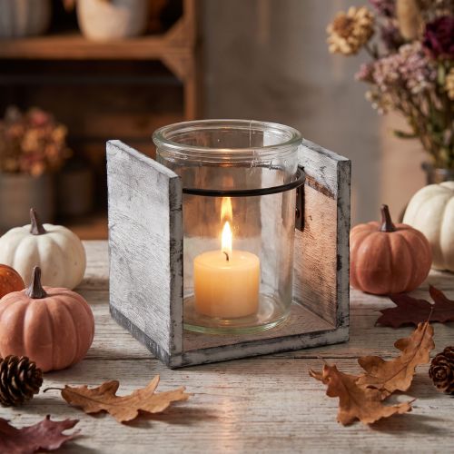 Porta-velas de vidro em moldura rústica de madeira – cinza e branco, 10x9x10cm – Charmosa decoração de mesa | Floristik24.pt