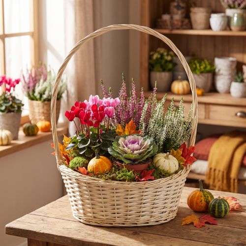 Cesta de presente com aproximadamente 38 cm x 27 cm, em tom claro. | Floristik24.pt