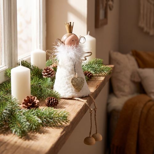Figura de anjo sentado decoração de natal madeira metal branco alt.12cm | Floristik24.pt