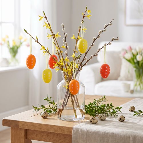 Mini ovo de Páscoa para pendurar pontilhado amarelo, vermelho, laranja Alt.4cm 24 unidades | Floristik24.pt
