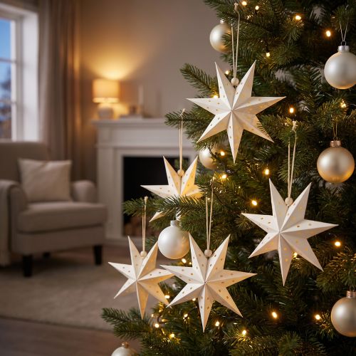 Conjunto de 8 enfeites de Natal em formato de estrela de papel, brancos, 10 cm. | Floristik24.pt