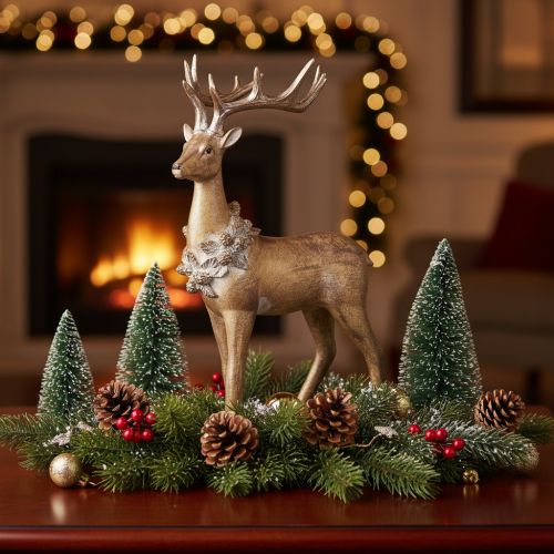 Itens Estatueta decorativa de um veado em pé com chifres e pinhas, 41 cm