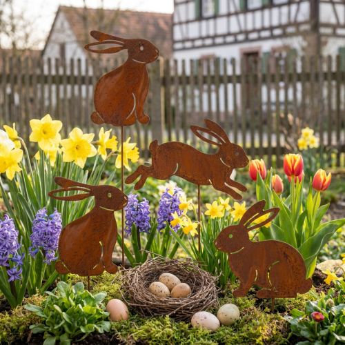 Itens Coelho de jardim para decoração de Páscoa com acabamento rústico em estilo campestre, 60 cm, conjunto de 4 peças.
