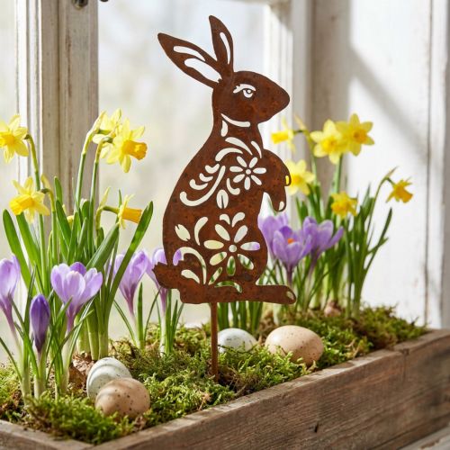 Estaca de jardim Coelhinho da Ferrugem Padrão de Flores Decoração de Jardim Páscoa 9×15cm | Floristik24.pt