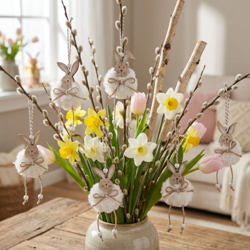 Coelhinhos decorativos de madeira para pendurar branco natural 5 cm × 12 cm 6 unidades | Floristik24.pt
