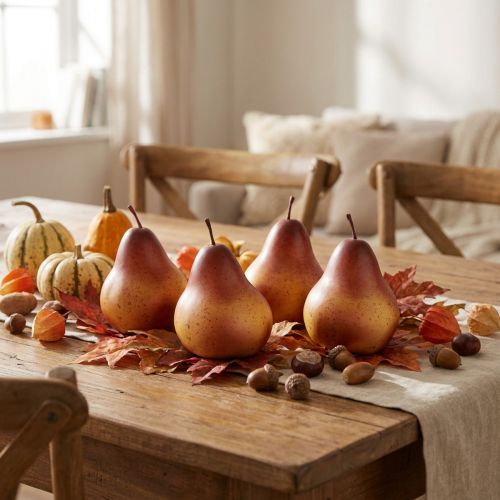 Conjunto de 4 peças decorativas de mesa em formato de pera, amarelo-acastanhado, para decoração de outono e colheita, com 8,5 cm de diâmetro. | Floristik24.pt