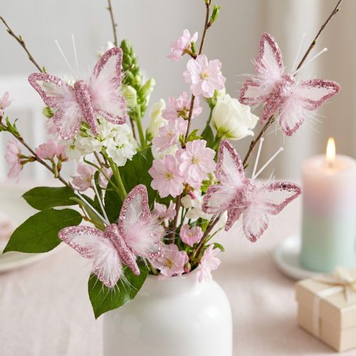 Clipes decorativos de borboleta com penas, rosa e branco, 5x4,5cm, 4 peças | Floristik24.pt