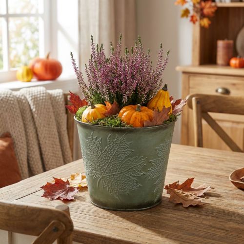 Vaso com decoração de outono, decoração de metal, plantador de outono verde Ø18,5cm Alt.17cm | Floristik24.pt