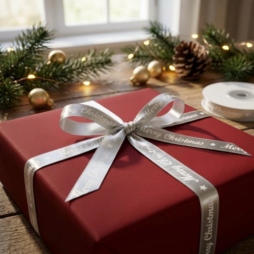 Fita de Natal Fita de Feliz Natal Prata Branca 10mm 20m | Floristik24.pt