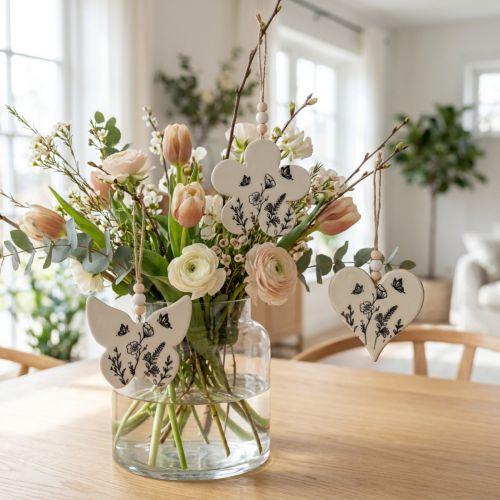 Cabide decorativo coração flor borboleta branco natural 9 cm 3 unidades | Floristik24.pt