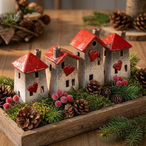 Casas românticas de cerâmica com motivo de coração – tons vermelhos e naturais, 11cm – decoração de inverno cuidadosamente desenhada – 3 peças | Floristik24.pt