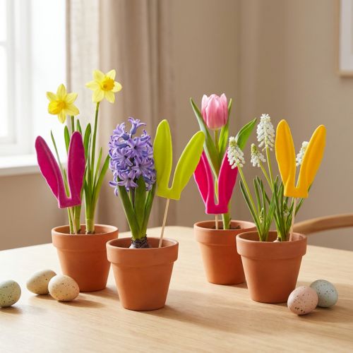 Orelhas de coelho aveludadas para decoração de Páscoa em palito, ideais para arranjos florais, 31 cm, conjunto com 4 peças. | Floristik24.pt