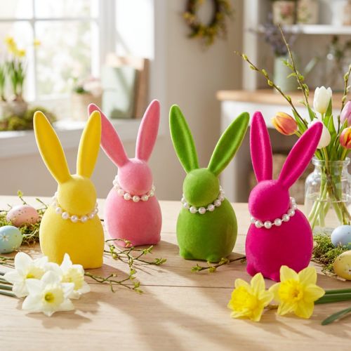 Figura decorativa de coelho da Páscoa com colar de pérolas, perfeita para sala de estar ou quarto, 13 cm, 4 peças | Floristik24.pt