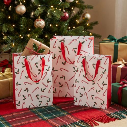 Saco de presente de Natal com alças vermelho branco 24×18×8cm 4 unidades | Floristik24.pt
