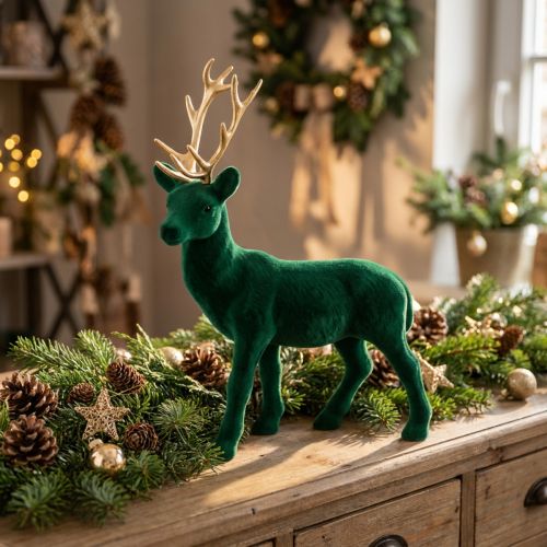 Veado em pé deco figura decoração de mesa de ouro verde advento 27cm | Floristik24.pt