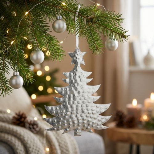 Pingente de árvore de Natal, decoração de Advento, decoração de metal para Natal, prata 20,5×15,5cm | Floristik24.pt