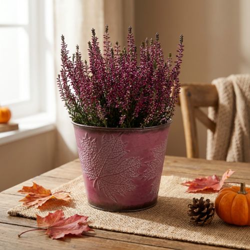 Vaso com decoração de folhas, decoração de outono, plantador de metal vinho tinto Ø16,5 cm A14,5 cm | Floristik24.pt