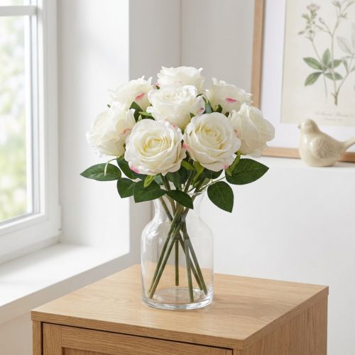 Rosas artificiais em ramo branco 30 cm 8 unid. | Floristik24.pt