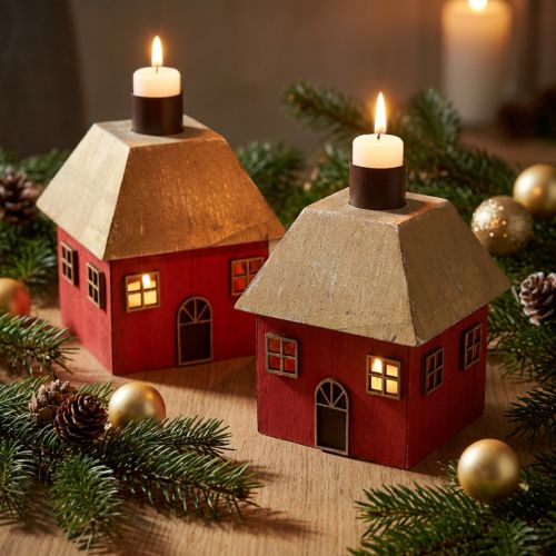 Castiçal casa de natal madeira vermelho 9×9×11cm 2 un | Floristik24.pt