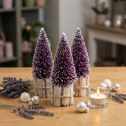 Árvore de Natal decorativa em roxo com ponta de neve sobre base de madeira rústica 15cm 3 peças. | Floristik24.pt