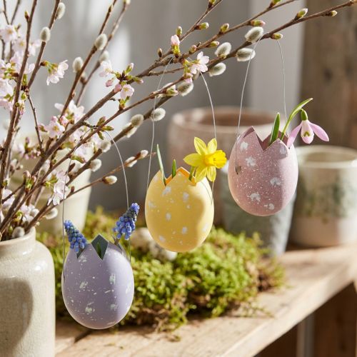 Ovo de páscoa para pendurar roxo, rosa, amarelo ovo plástico H6.5cm 6pcs | Floristik24.pt