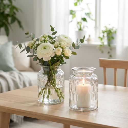 Vaso de vidro com padrão, lanterna de vidro transparente Alt.15cm Ø11cm 2 unidades | Floristik24.pt